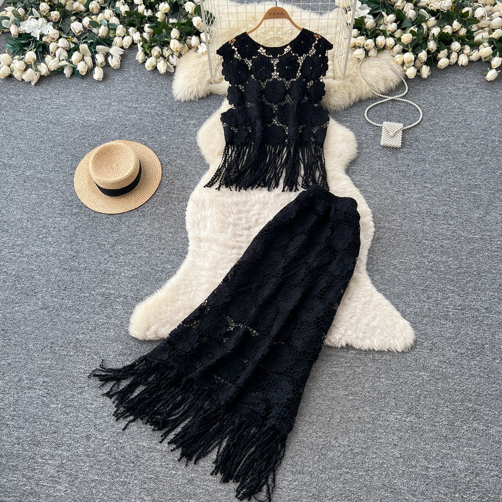 Retrolacecut outflowers tasseltwo-piece set women's summer pure desire sleeveless vest skirtelegantsuit