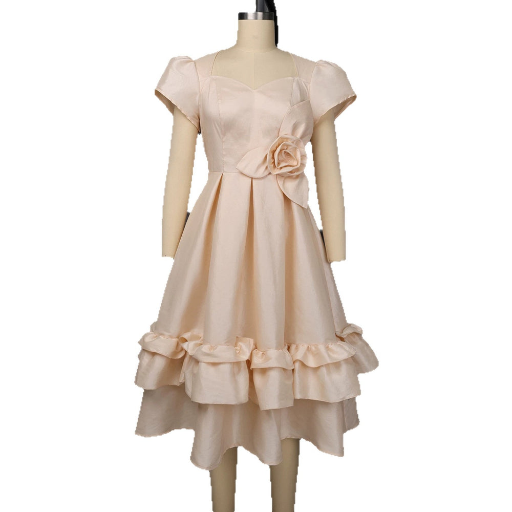 Summer fashion puffy waist a-line skirt, 3d floral ball gown, wedding bridesmaid elegant midi dress
