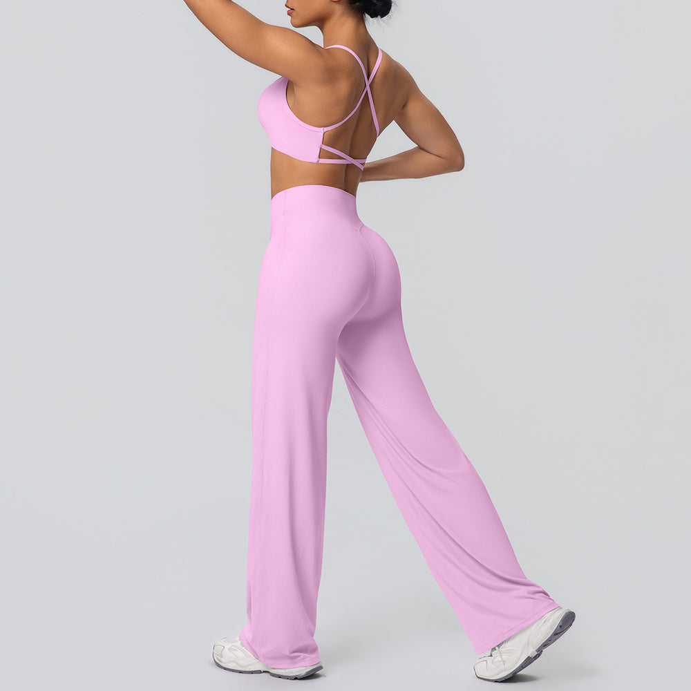 New arrival: cross-border brushed backless sports bra & breathable long-sleeve wide-leg yoga set - two-piece running & fitness outfit