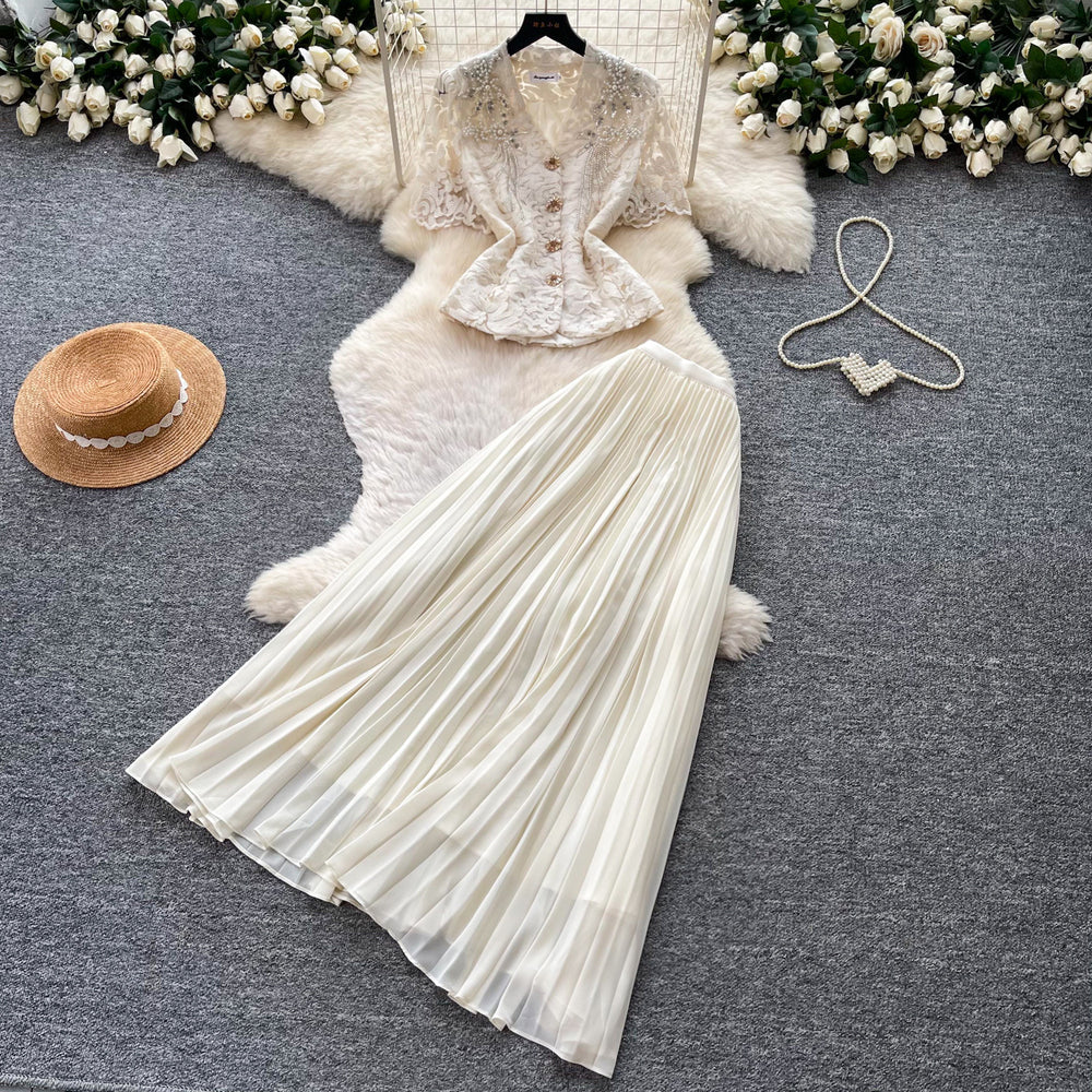 French chic v-neck lace embroidered top & high-waisted pleated skirt two-piece set - elegant & slimming summer outfit
