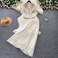 French chic v-neck lace embroidered top & high-waisted pleated skirt two-piece set - elegant & slimming summer outfit