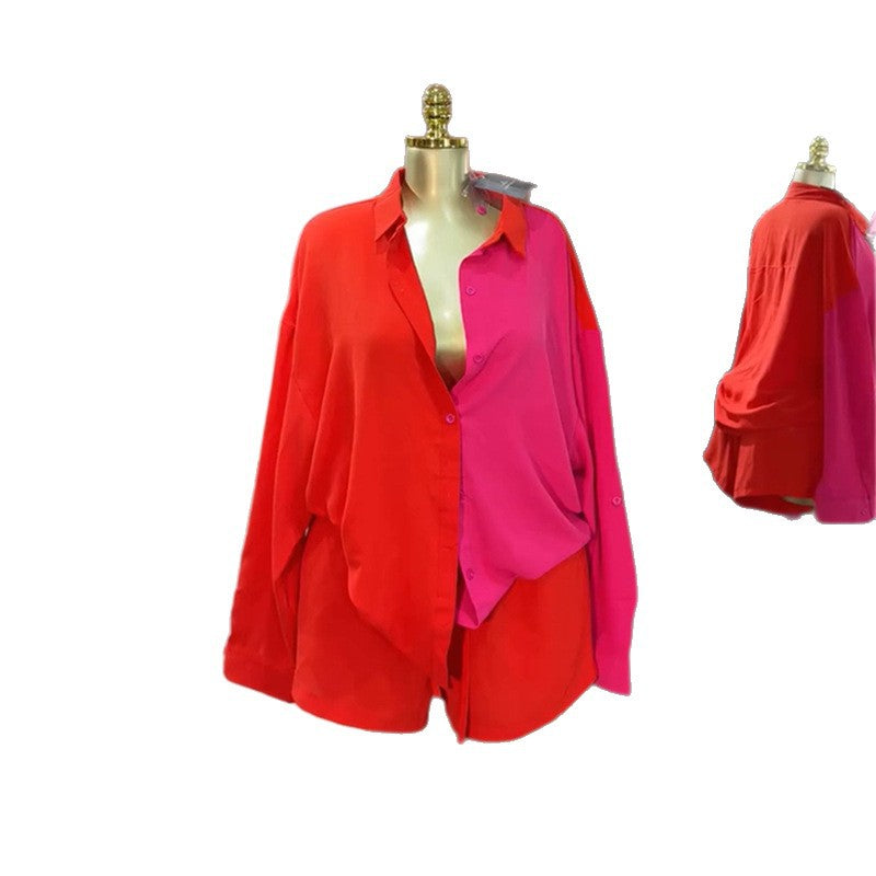 European and american cross-border women's fashion  autumn new casual turn-down collar color block single-breasted button shirt and high-waisted shorts set
