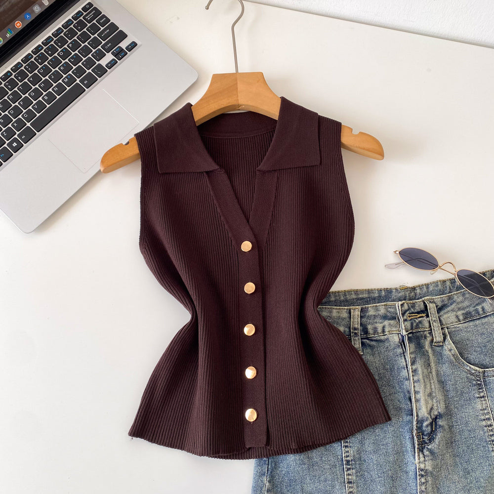 Light mature style sense of design lapel sleeveless knitting vest women's summerkorean style single breasted silm thin tops multi-color