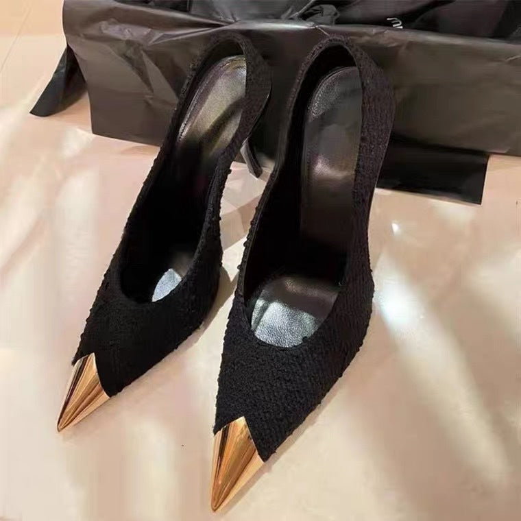 Xd huizhou autumn new patent leather flats wool flats black stiletto heel european and american fashion elegant metal pointed toe
