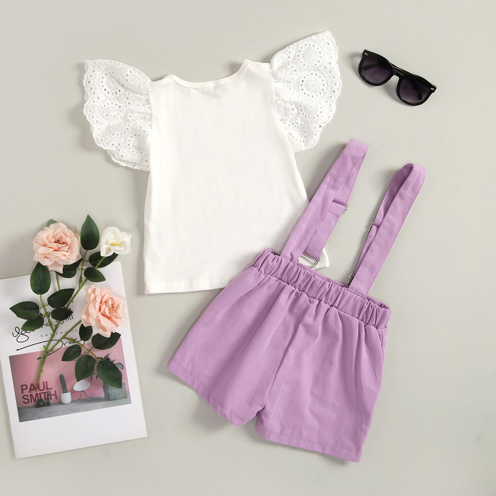 European and american cross-border e-commerce new arrival: girls' solid color hollow-out flutter sleeve crew neck top with detachable strap shorts two-piece set