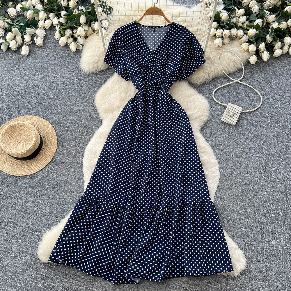 Frenchretro polka dot elegant short-sleeved dress women's summerv neck waist tie back a-line skirt slimming look elegant long skirt