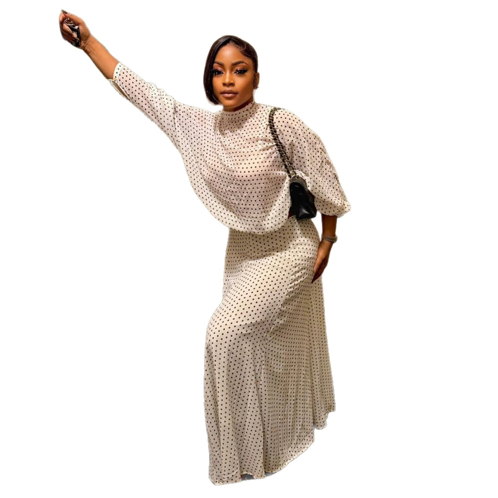 European and american cross-border women's fashion  summer new arrival: elegant sweet polka dot high neck blouse and high-waisted midi skirt set