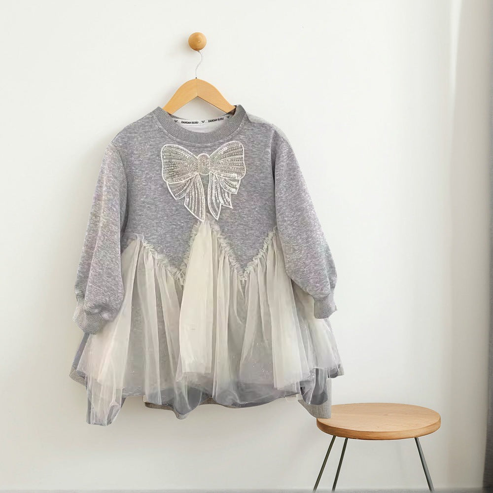 Girls' spring dress  new style: stylish princess dress for girls, baby mesh patchwork sweatshirt dress for spring and autumn