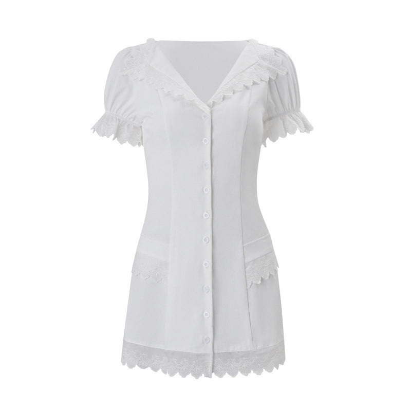 Ins european and american clothing  spring new arrivalfashionclassyelegantslimming lookv neck buttoned puff sleeve dress for women