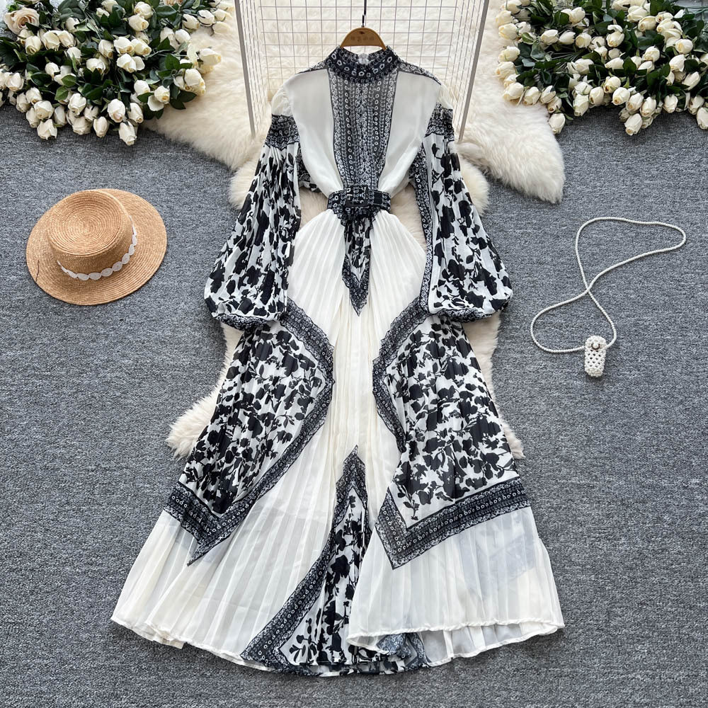 High-end elegant women's dress  new french style tie-waist lantern sleeve placement print pleated maxi dress