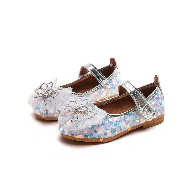 Girls'  spring new collection: sparkling soft-soled princess leather shoes for mid-to-large children - wholesale direct from the manufacturer, featuring hook-and-loop fasteners