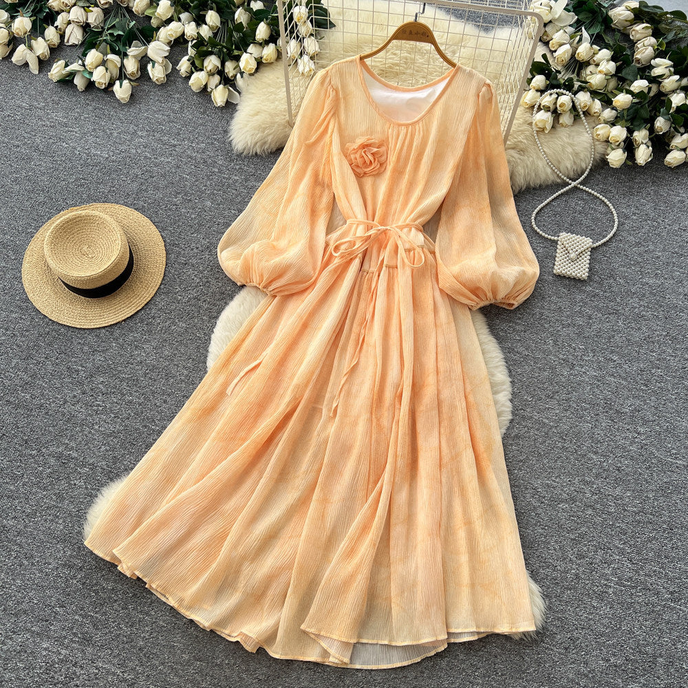 French chic lantern sleeve v-neck dress - women's summer korean style tie-waist slimming a-line maxi dress - elegant