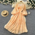 French chic lantern sleeve v-neck dress - women's summer korean style tie-waist slimming a-line maxi dress - elegant