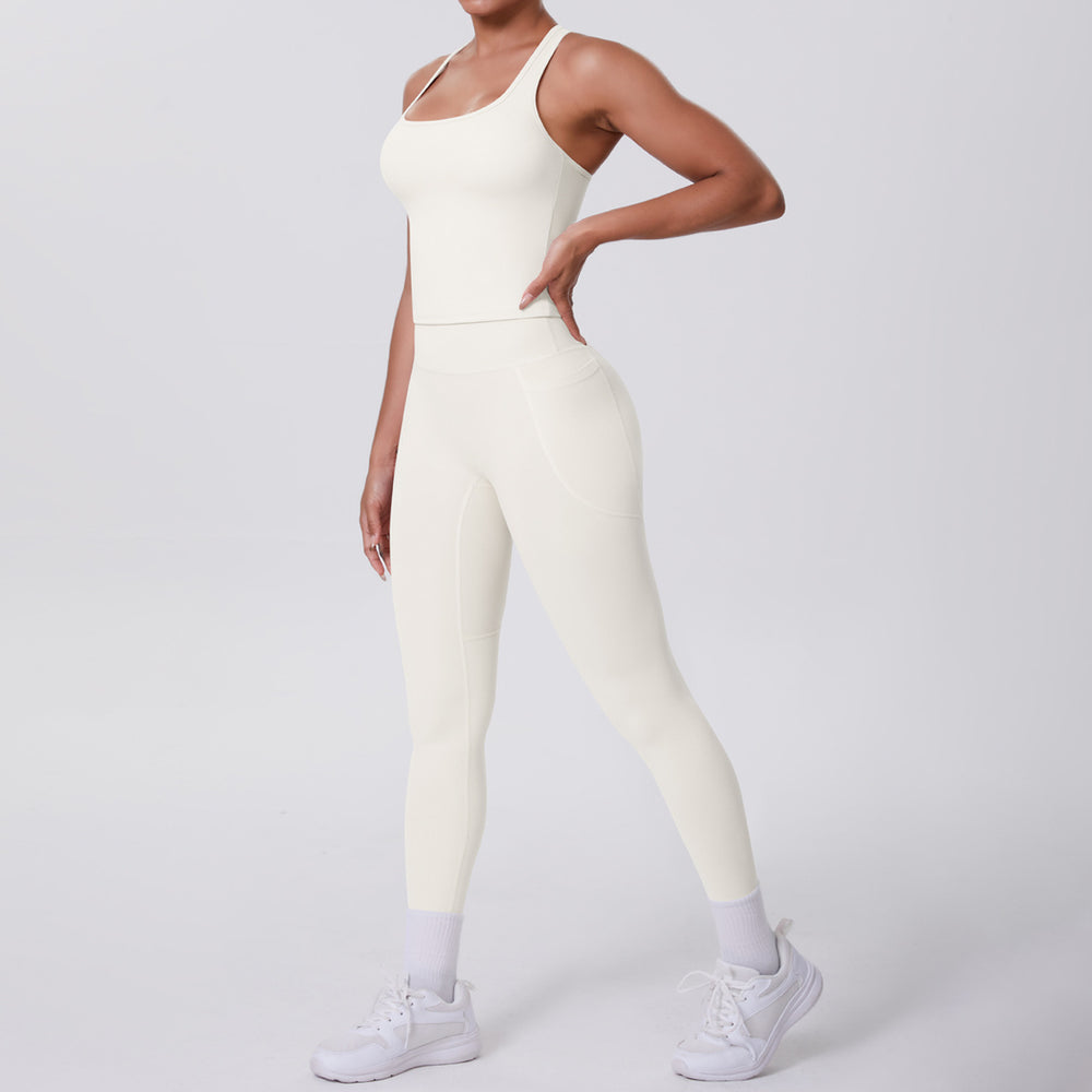 fashion brushed pure color tight racerbackflap pocket pants sports suit running fitness yoga clothes two-piece set