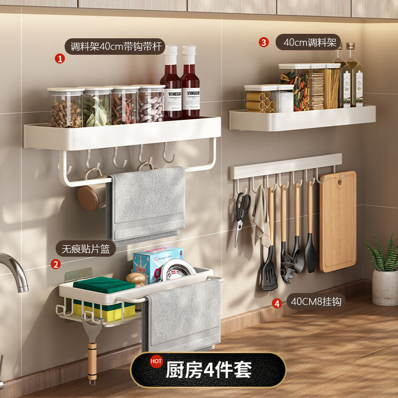 White Kitchen Shelf Wall Mounted No Punching Household Knife Holder Seasoning Cutting Board Cutting Board Storage Seasoning Shelf