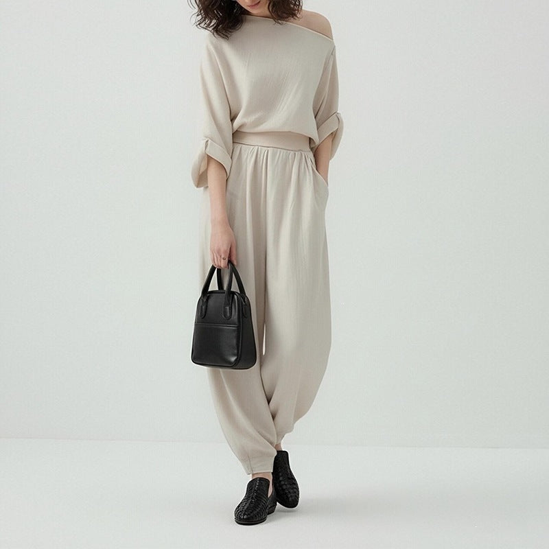 women's summer new arrivals:  cross-border fashion casual solid color one-shoulder loose fit pants set (us/eu style)