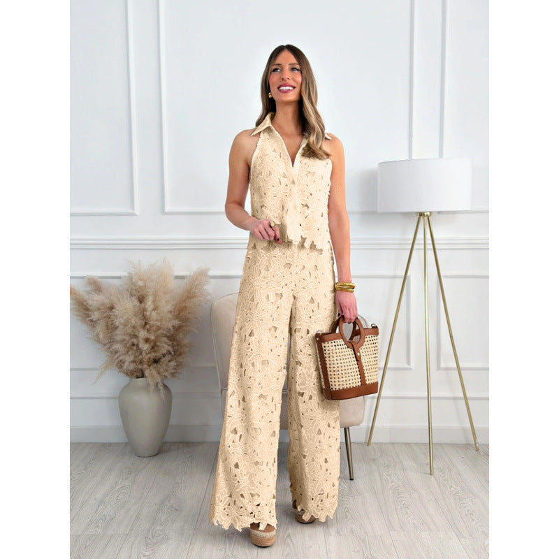Amazon  summer french style embroidered cutout v-neck tank top + wide-leg straight-leg pants set