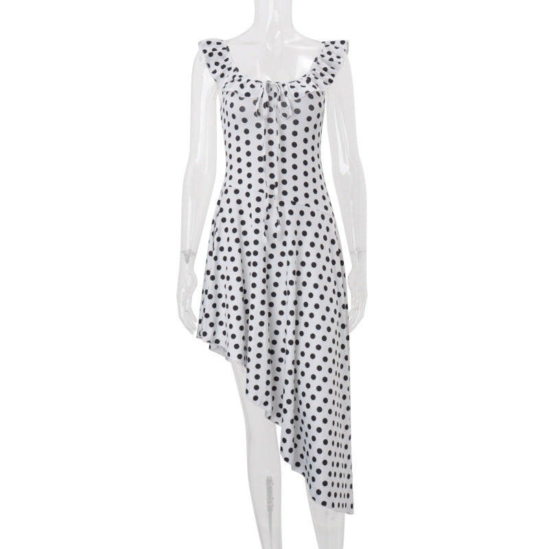 Amazon bestselling women's summer  new slim-fit u-neck ruffle trim polka dot asymmetrical hem dress