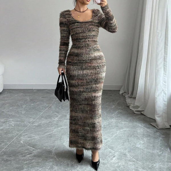 42169DBGY 's popular 2025 autumn new product slim-fitting split-ended round neck yarn-dyed European, American, dress women