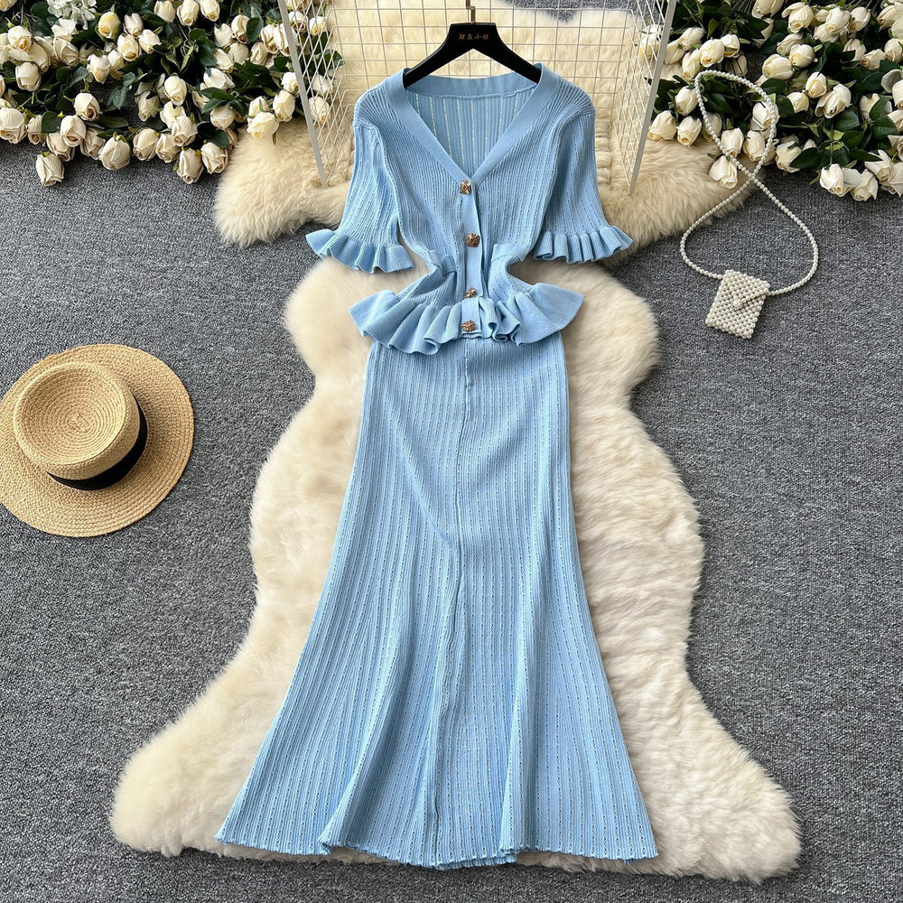 Luxury chic women's dress - autumn  collection: slim-fit knit maxi dress with metallic buckle detail, inspired by chanel