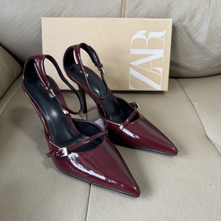 Spanish 2025 summer new pointed-toe hollow-out women's shoes - burgundy patent leather stiletto heel mules