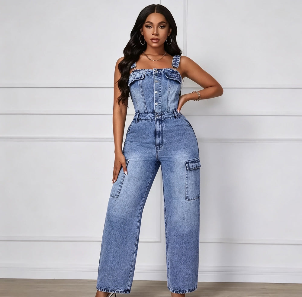 european and american  cross-border casual fashion sexy multi-pocket design high-quality denim jumpsuit women's clothing