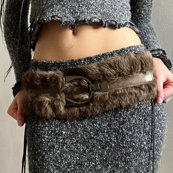 Vintage European and American  Spice Girls Leather Fluffy Decoration Adjustable Waist Seal Belt Trendy Personalized Belt Hundred Tower Women