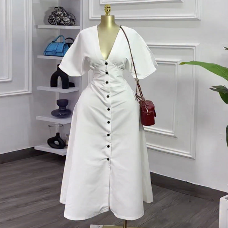 European and american cross-border women's fashion:  spring new arrival - stylish v-neck button-down waist-defining white short-sleeve midi dress