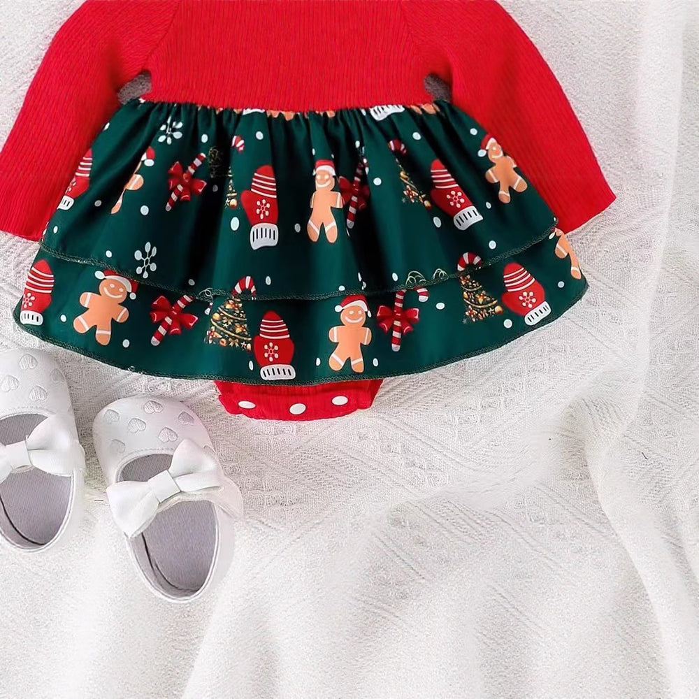 foreign trade christmas element long-sleeved jumpsuit european and american infant pit strips flying sleeves embroidered santa claus printing