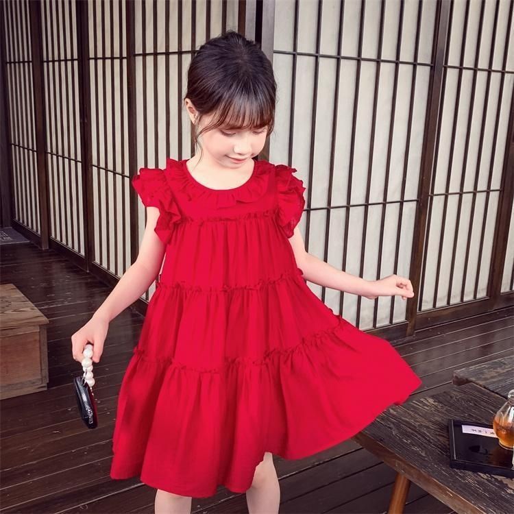 Girls' summer dresses  new style: chic kids' ruffle sleeve princess dress, solid color casual dress for little girls