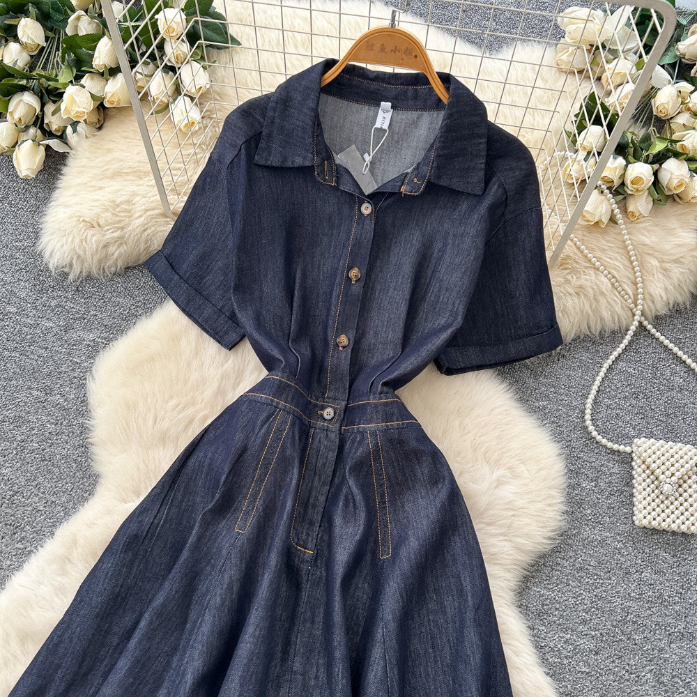 Retro denim style lapel short sleeve a-line dress women's early spring k-style waist slimming lookelegantwork clothing skirt