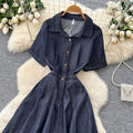 Retro denim style lapel short sleeve a-line dress women's early spring k-style waist slimming lookelegantwork clothing skirt