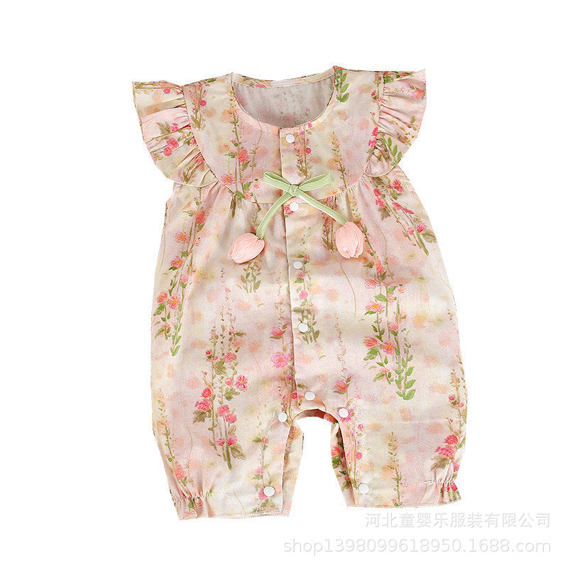 summer tulip 3d floral romper - lightweight, stylish, and perfect for baby girls' outdoor adventures