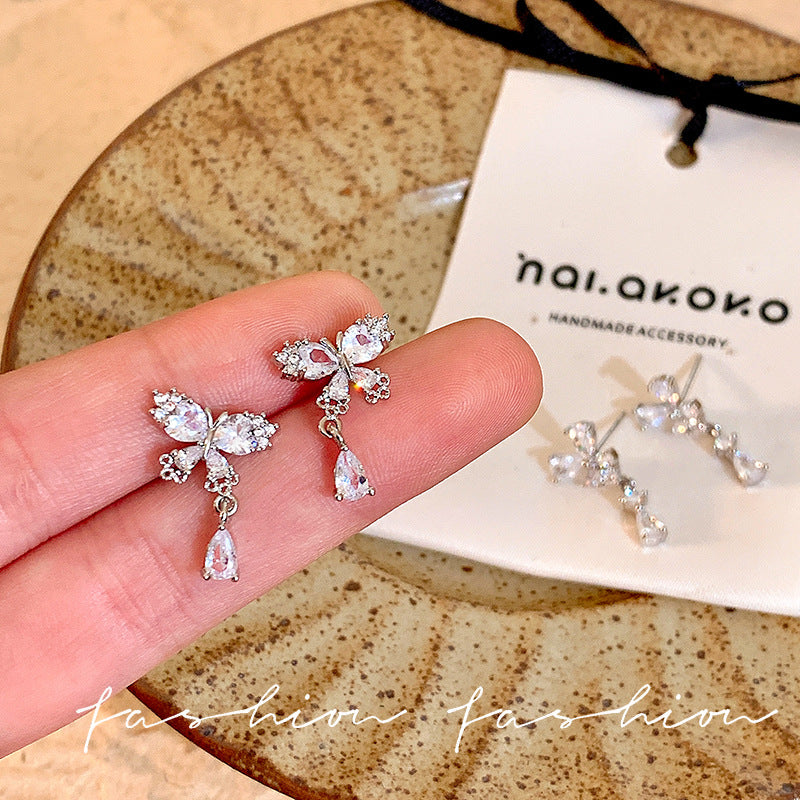 Japanese and korean silver sparkling zircon butterfly teardrop stud earrings - women's unique, elegant, and high-end style - 2026 new hot seller