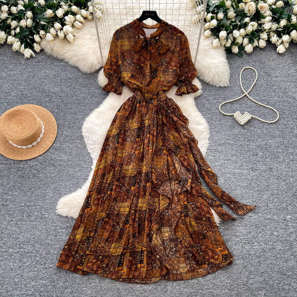 Vintage print short-sleeve dress women's long-sleeve a-line dress summer slimming waist elegant long dress