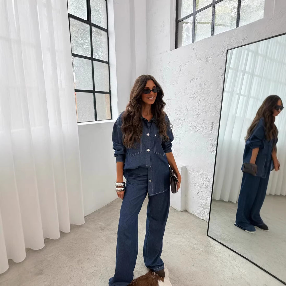 European and american cross-border  hot-selling women's clothing: unique street style fashion casual slim-fit shirt jacket denim set for women