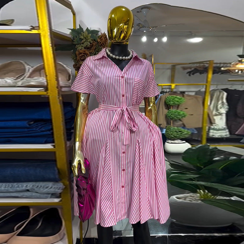 European and american women's clothing  autumn new sweet and fresh striped shirt collar single-breasted short sleeve tie-waist dress