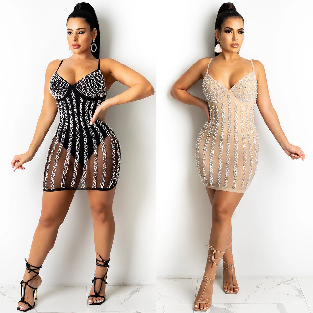 X5238   fashion european and american summer new nightclub style hot diamond suspender see-through women's dress