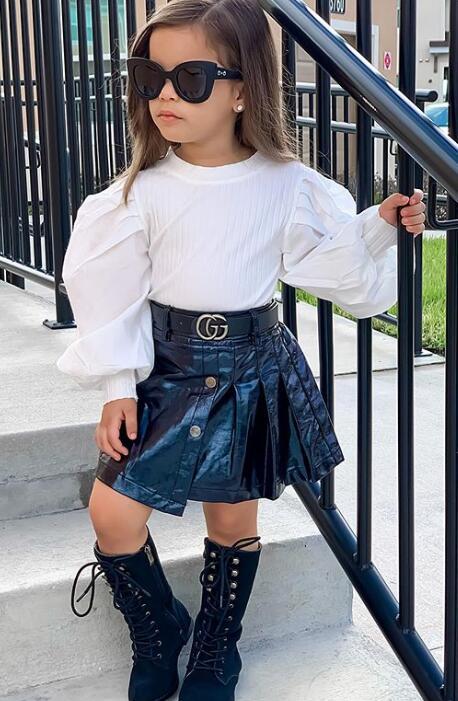new product girlsuit autumn style fashionpure color round neck pit strip tops elastic irregular skirt leather skirt
