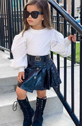 new product girlsuit autumn style fashionpure color round neck pit strip tops elastic irregular skirt leather skirt