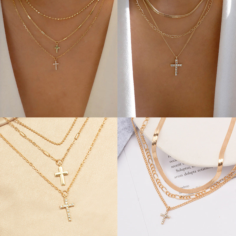 fashionnew arrival jewelry accessible luxury style diamond-encrusted necklace women's alloy cross stacked multi-layer necklace