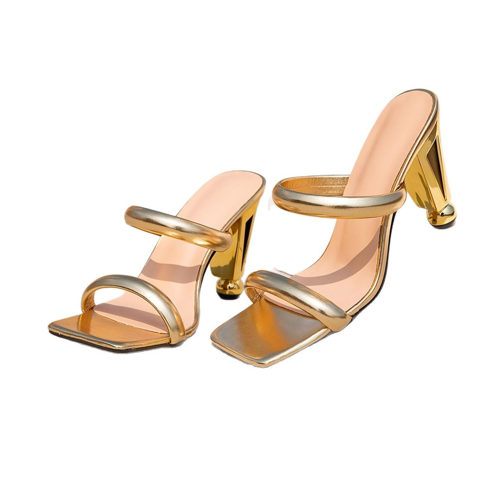 Women's high-heeled sandals - gold platform heel slip-ons - fashionable square toe minimalist open-back heels
