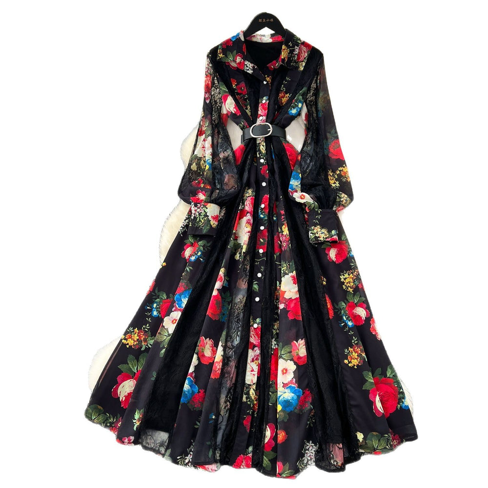 French dress  new arrivalfashioneleganceretro lapel long sleeves waist lacepatchworkprintinglong skirt