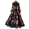 French dress  new arrivalfashioneleganceretro lapel long sleeves waist lacepatchworkprintinglong skirt