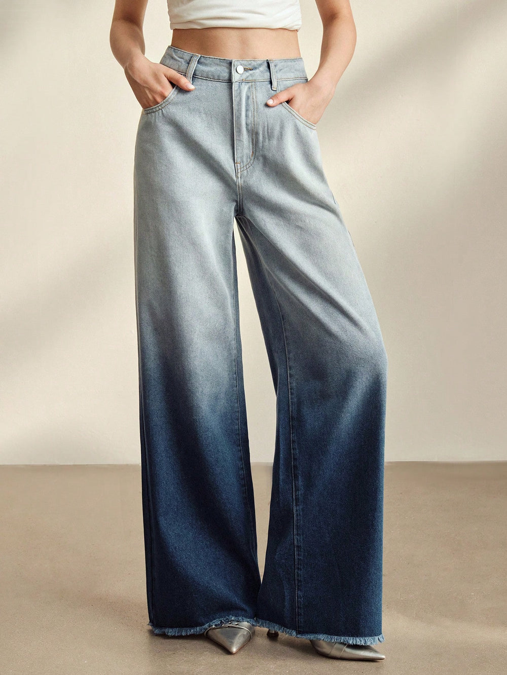 European and american style women's gradient washed denim wide leg jeans - relaxed fit, straight leg, slimming effect
