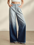 European and american style women's gradient washed denim wide leg jeans - relaxed fit, straight leg, slimming effect