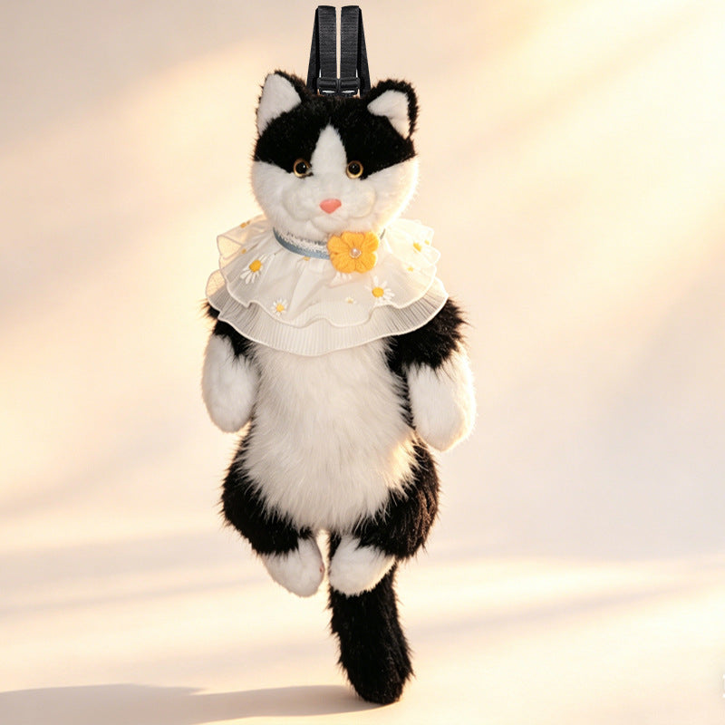 Handmade artificial cat doll backpack daisy gauze lace bell two soft cute cow cat stuffed bags
