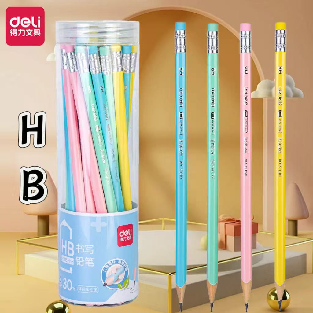 Deli HC11 pencil HB barrel solid color triangle rod with eraser head HB student writing pencil stationery wholesale