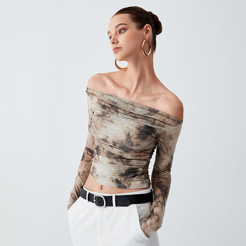 European and american style retro 3d printed sexy off-the-shoulder pleated crop top slim-fit t-shirt for women, new spring  collection