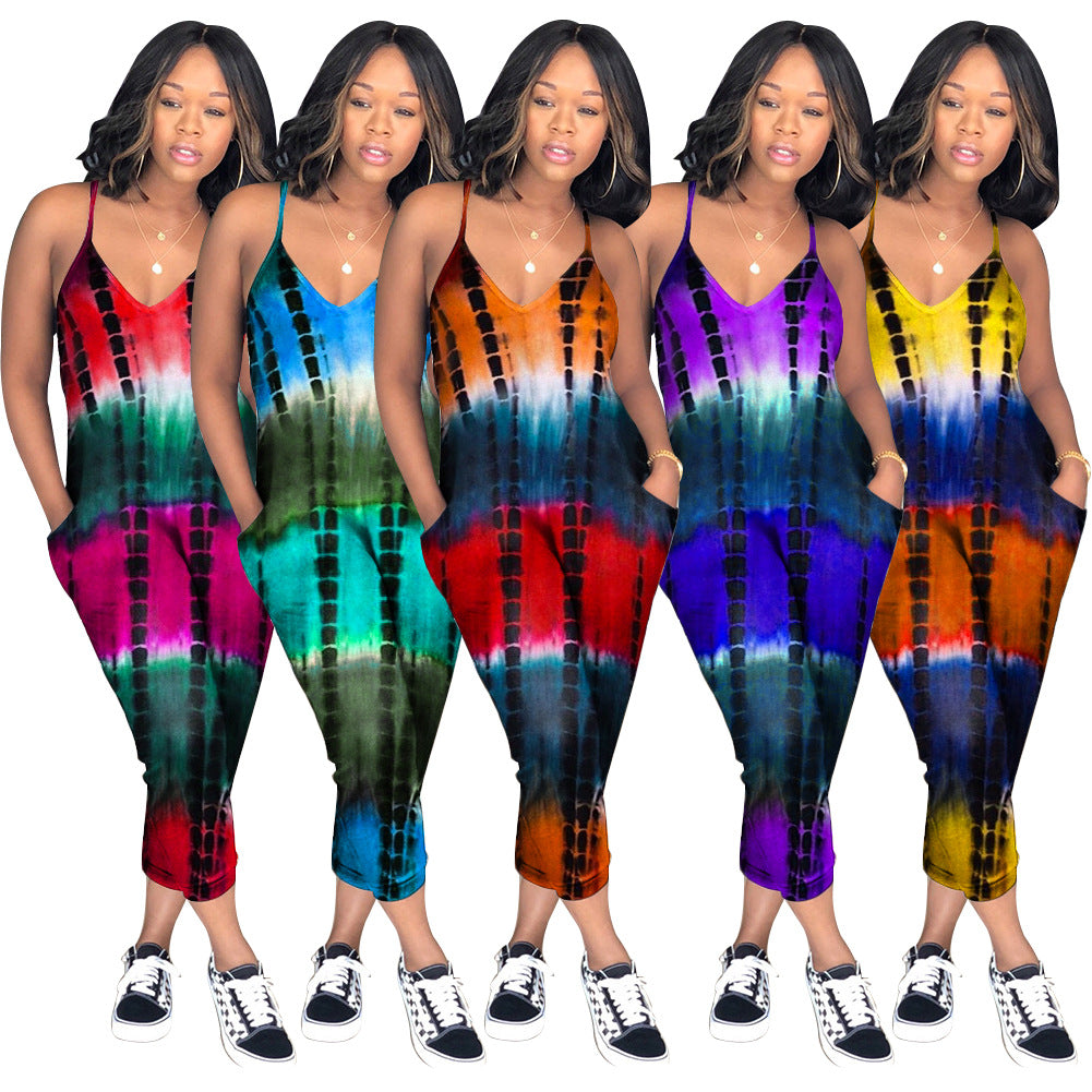 S390140 European and American summer wholesale casual off-the-shoulder hollow printing suspender jumpsuit fashion pencil pants women